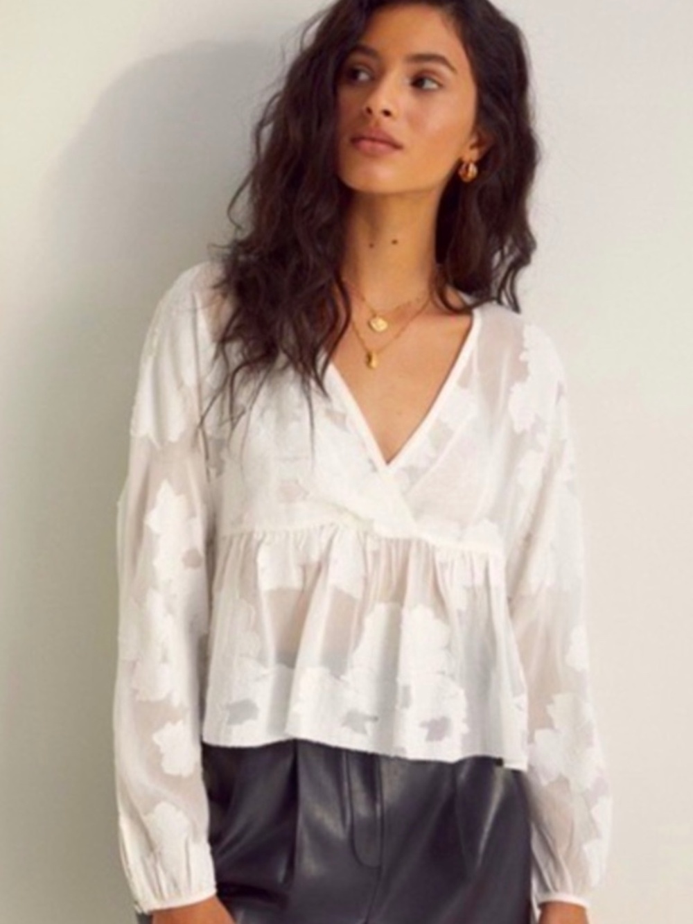 Wilfred Peplum Top White Sheer Long Sleeve  Size XS Mesh embroidered